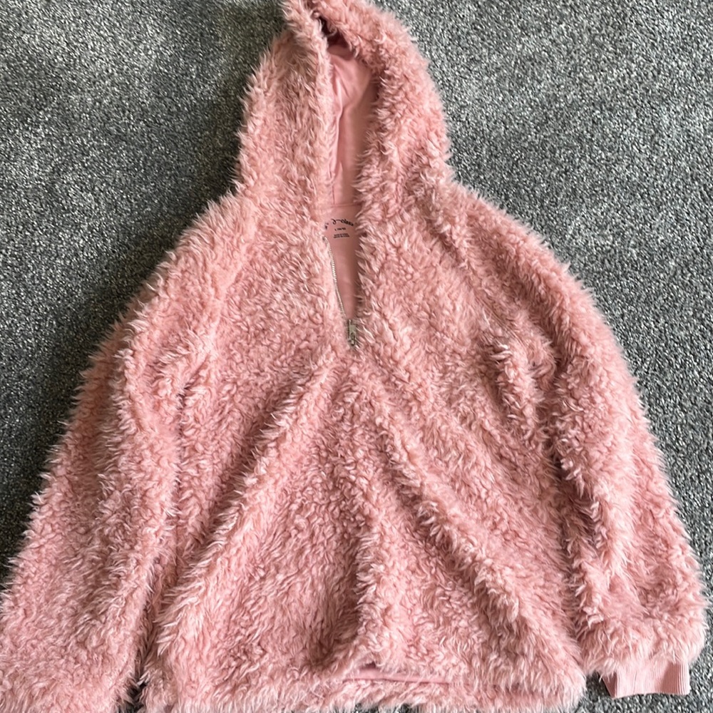 Pink fluffy sweater with good from art class, size L(10/12)